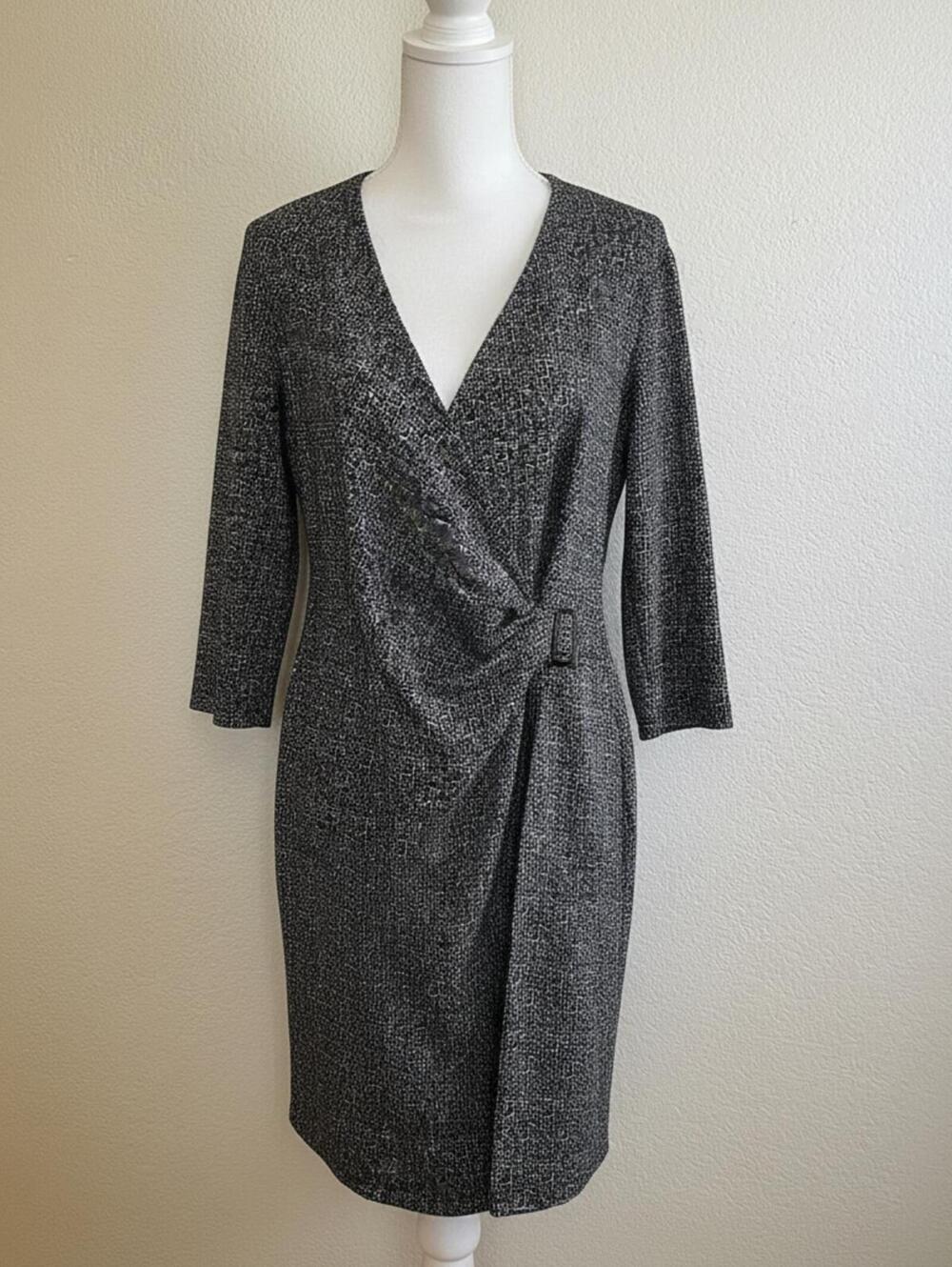 Anne Klein Black and White Wrap Dress with Buckle Detail